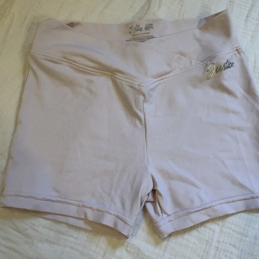 Justice Bike Shorts Crossover Waist Pink Metallic Logo Athletic Girls S 7/8